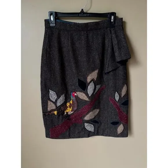 Vtg Anthropologie 6 Floreat Wool Pencil Skirt Bird Embroidered Dark Academia - Picture 1 of 13